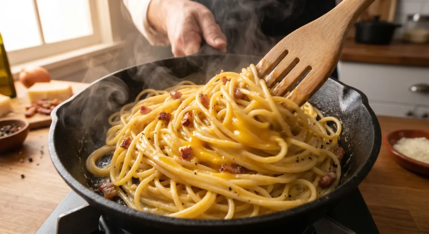 Príprava krémovej omáčky na špagety Carbonara miešaním cestovín s vajíčkami a guanciale priamo v horúcej panvici.