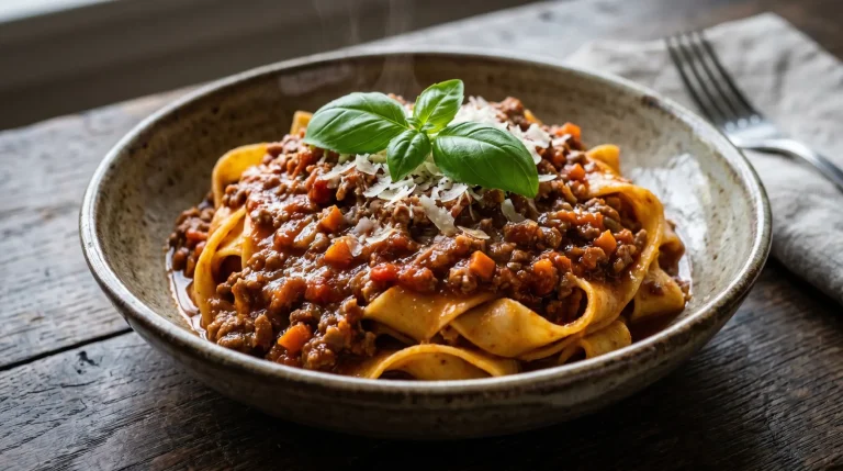 Hlboký tanier s tradičným talianskym Ragù alla Bolognese z poctivého hovädzieho a bravčového mäsa na širokých vaječných cestovinách.