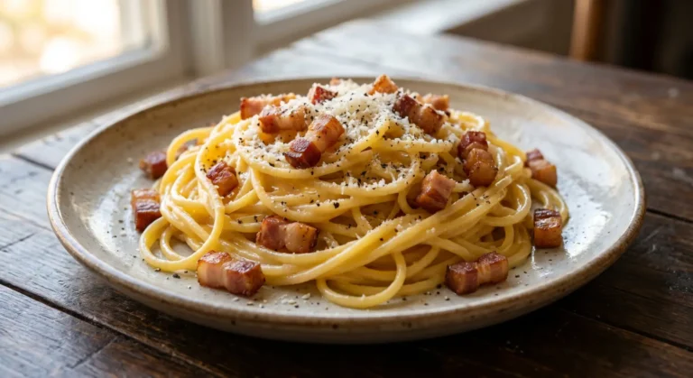 Hotové pravé talianske špagety Carbonara s chrumkavým guanciale a syrom Pecorino na rustikálnom tanieri.