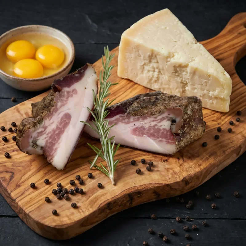 Kvalitné talianske suroviny na prípravu Carbonary - slanina guanciale, vyzretý syr Pecorino a čerstvé vajíčka na drevenej doske.
